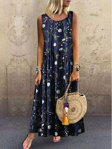 Sleeveless Floral Printed Casual Maxi Weaving Dress