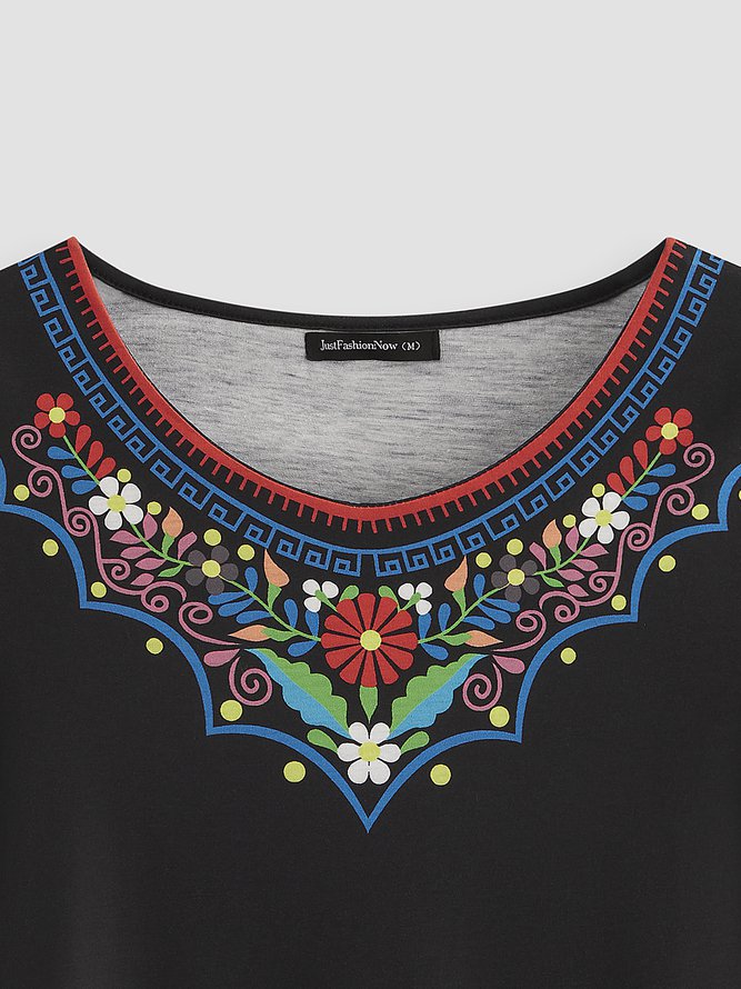 Women's Mexican Dress Midi Dress Black Half Sleeve Summer Crew Neck Tribal Casual