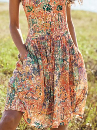 Round Neck Floral Boho Vacation Mini Dress