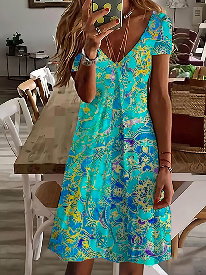 V Neck Casual Short Sleeve Printed Dress