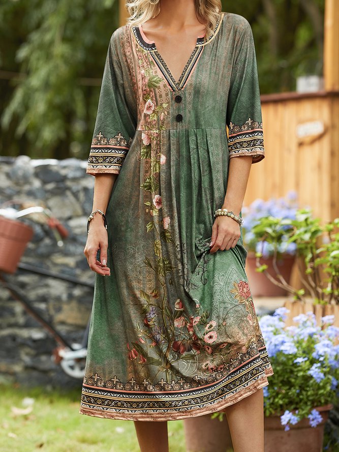 Floral V Neck Casual Jersey Dress