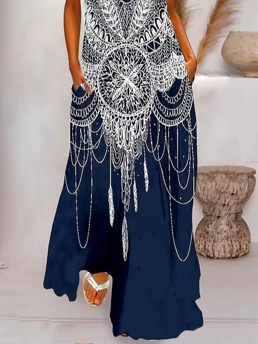 Loose V Neck Vacation Ethnic Dress