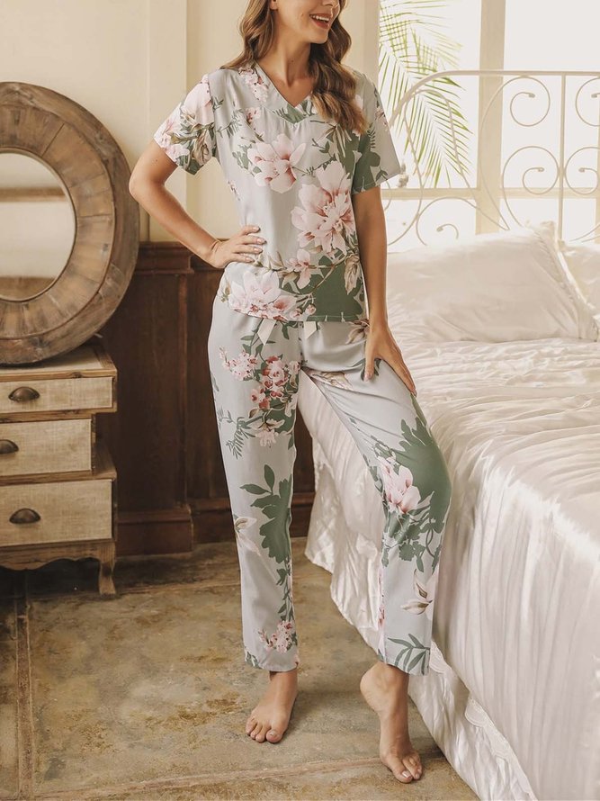 Loose V Neck Floral Rayon Elegant Pajama Set