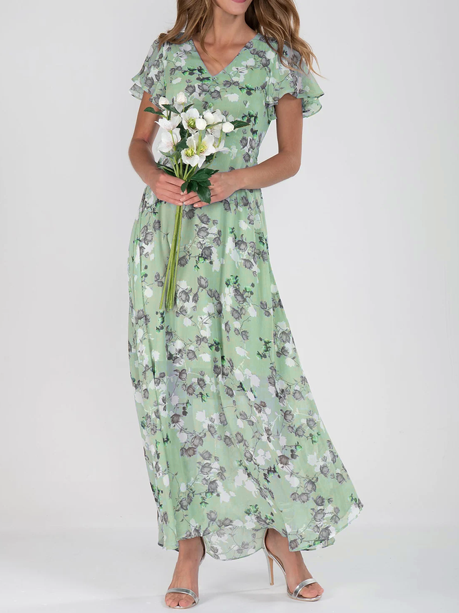 Women's Holiday sage green Dress Floral Chiffon Skirt Short Sleeve Floral Ruffle Spring Summer V Neck Fashion Daily Dating Vacation