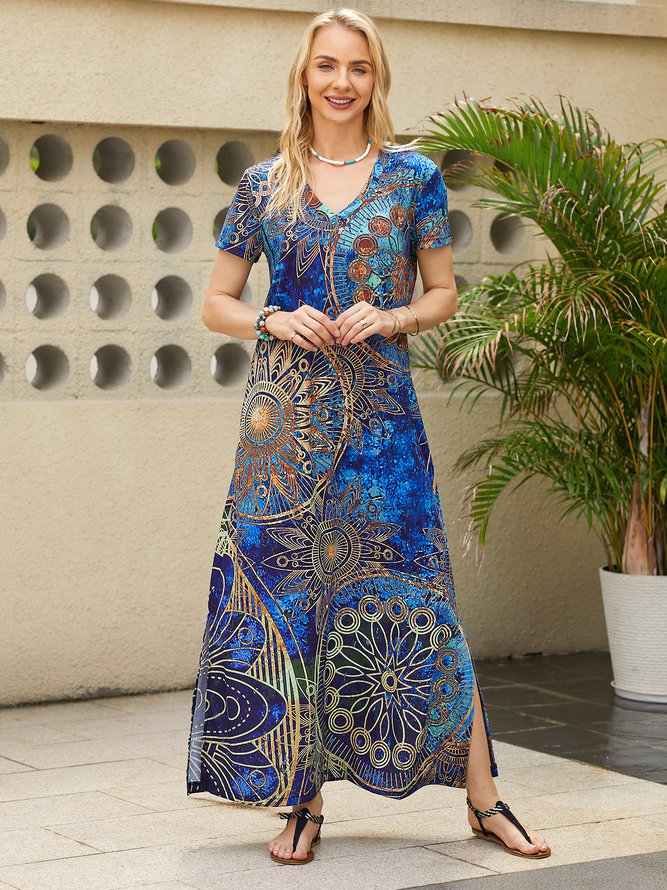 V Neck Tribal Vacation Maxi Dress