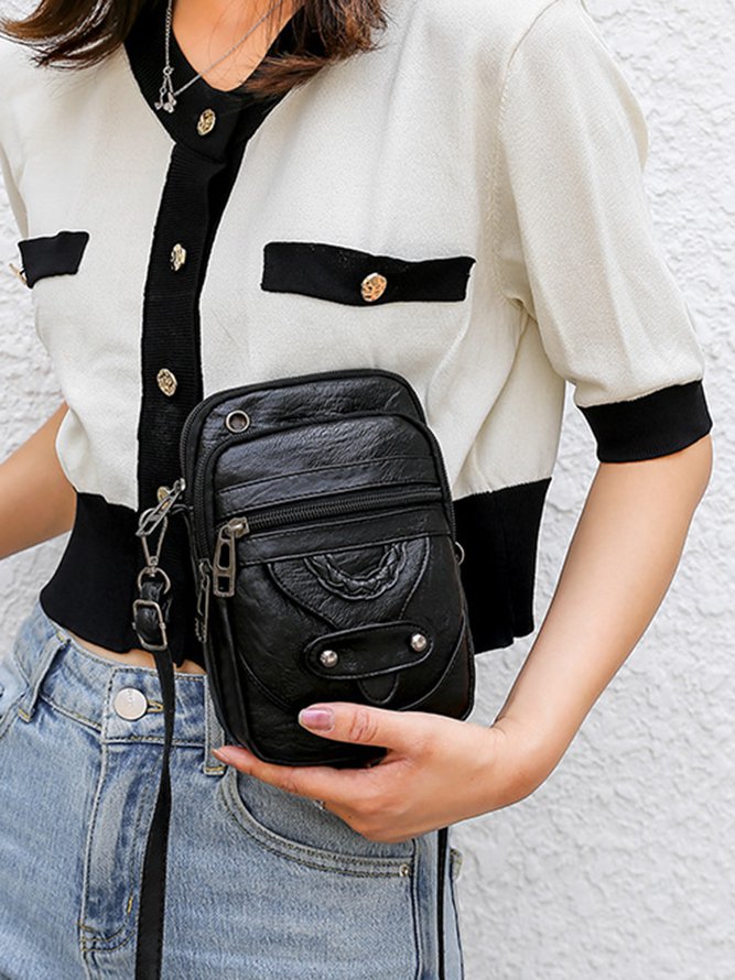 Antique Soft Leather Zip Multi Pocket One Shoulder Crossbody Bag