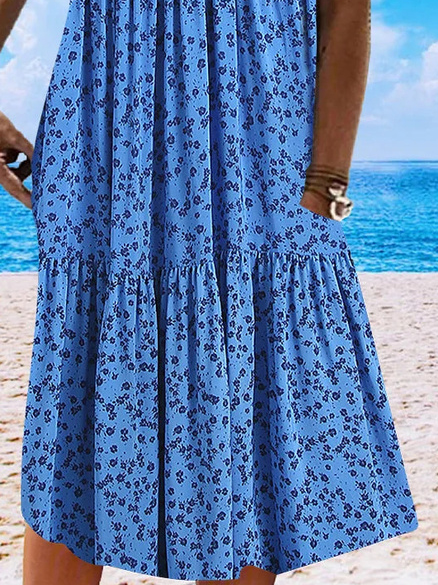 Ditsy Floral V Neck Casual Sleeveless Summer Beach Vacation Smock Dress