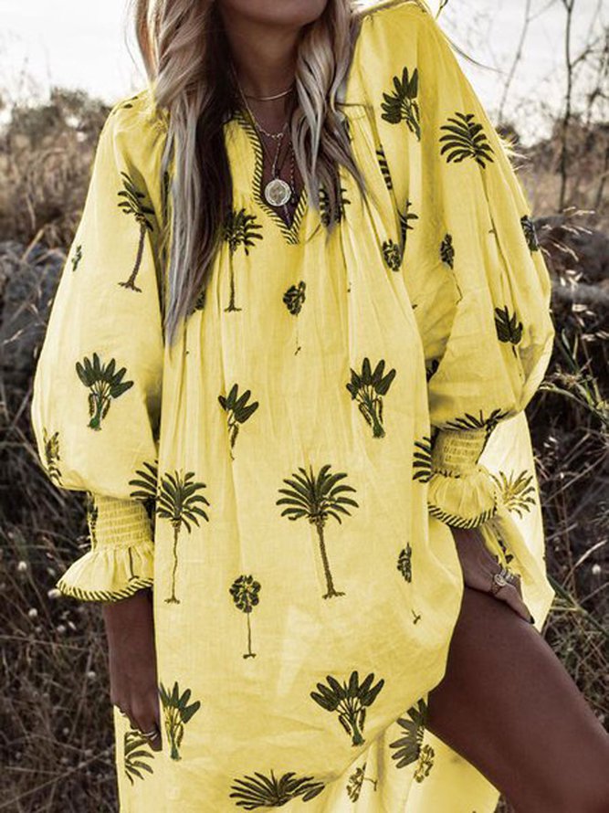 Women Casual Sundress Sexy V-neck Lantern Sleeve Floral Print Elegant Loose Bohemian Beach Dress