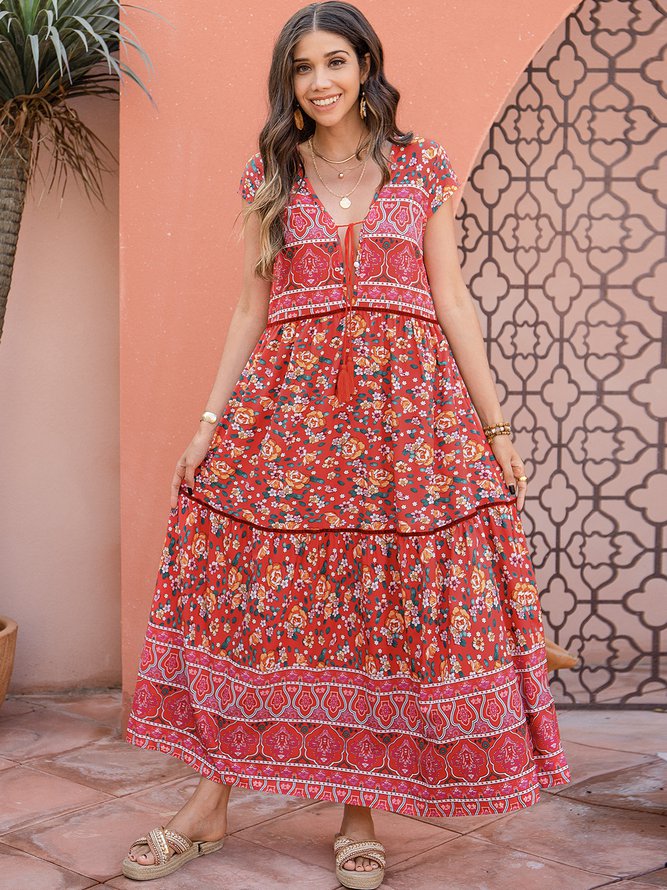Ditsy Floral V Neck Boho Floral-Print Weaving Dress
