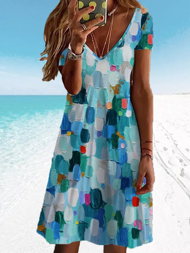 Women's V Neck Blue Stereoscopic 3D Brush print Dress