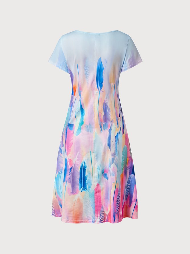 Vacation Feather Pattern Pattern Short sleeve V neck Dress