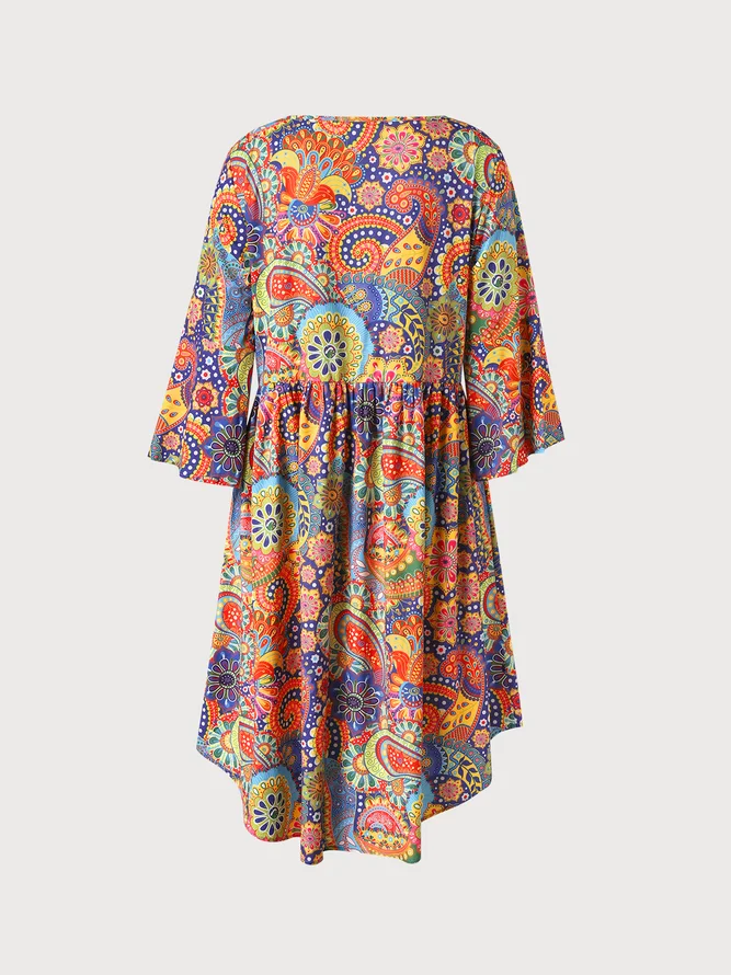 Women's Smock Dress Paisley Midi Dress Round Neck Flare Sleeve Casual Midi Smock Dress