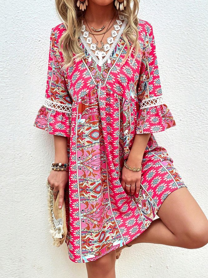 Womens V Neck Ethnic Boho Dress