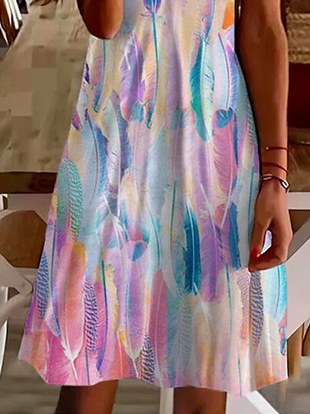 Vacation Feather Pattern Pattern Short sleeve V neck Dress