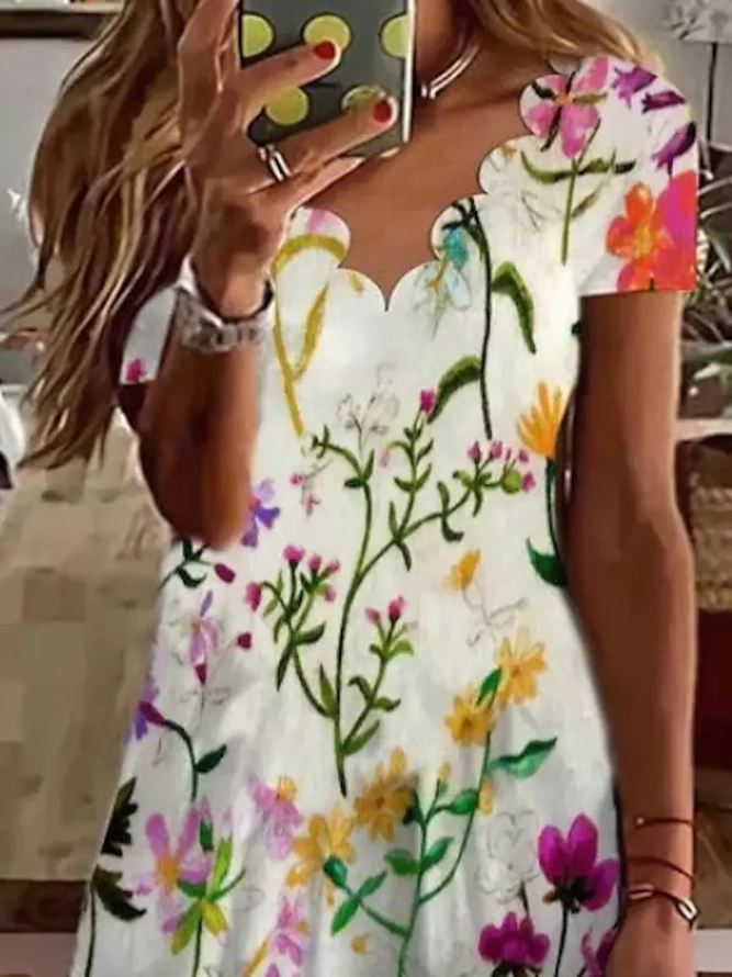 Scallop Neck Floral Vacation Mini Dresses