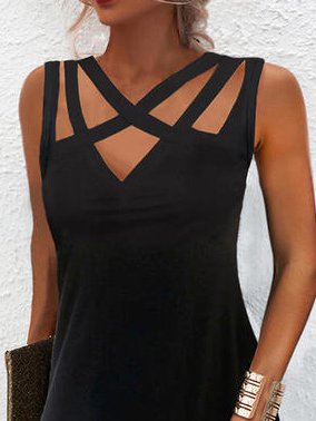 V Neck Sleeveless Solid Casual Midi Prom Dress