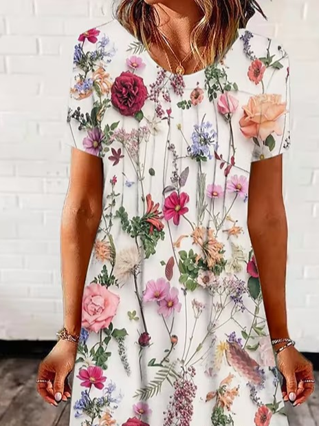Casual Floral Loose Crew Neck Dress