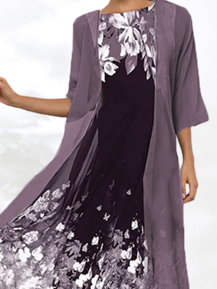 Round Neck 2PCS Floral Vacation Casual Midi Dress