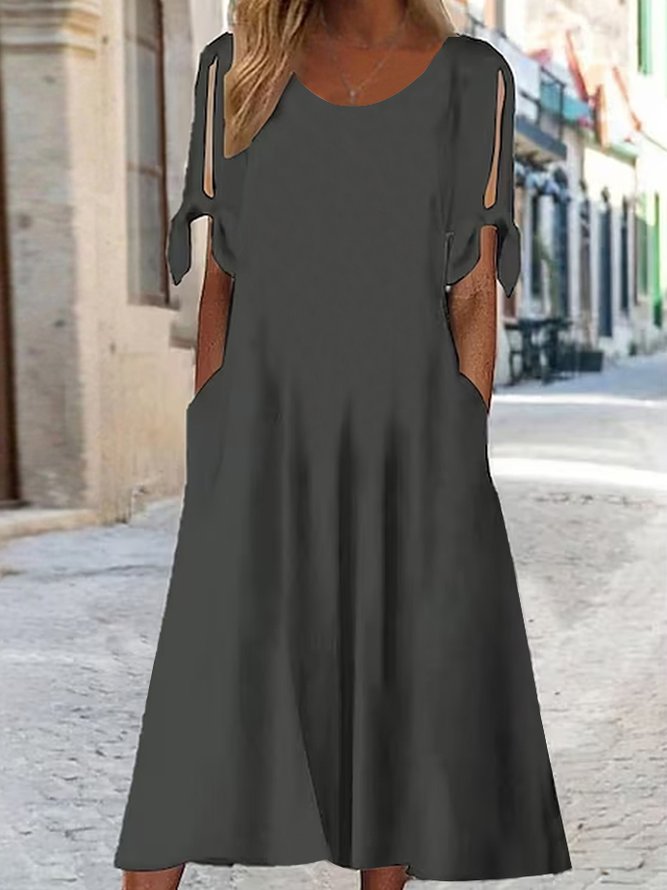 Round Neck Solid Casual Midi Dress
