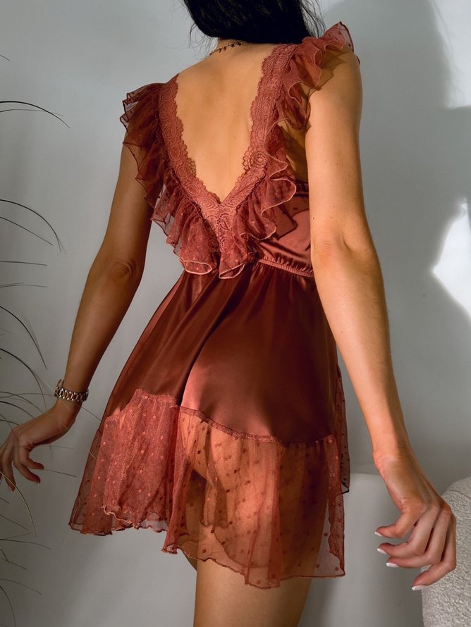 Deep V Sexy Romantic Elegant Lace Silk Nightdress