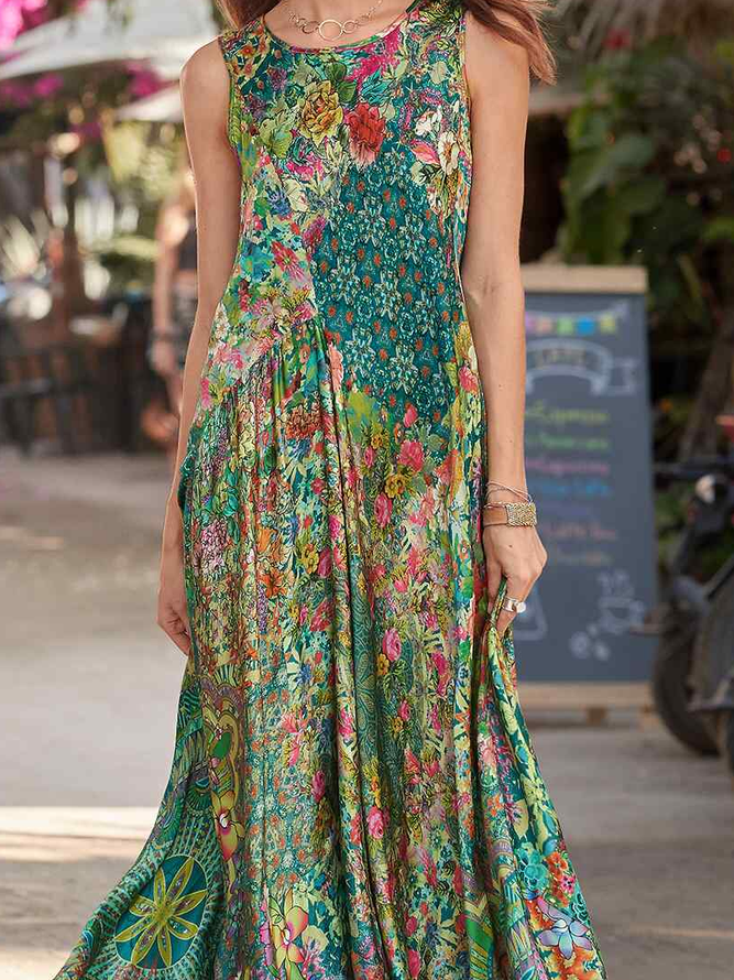 Casual Loose Floral Crew Neck Dress