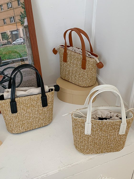 Casual Straw Drawstring Handbag Messenger Bag Vacation Beach Women