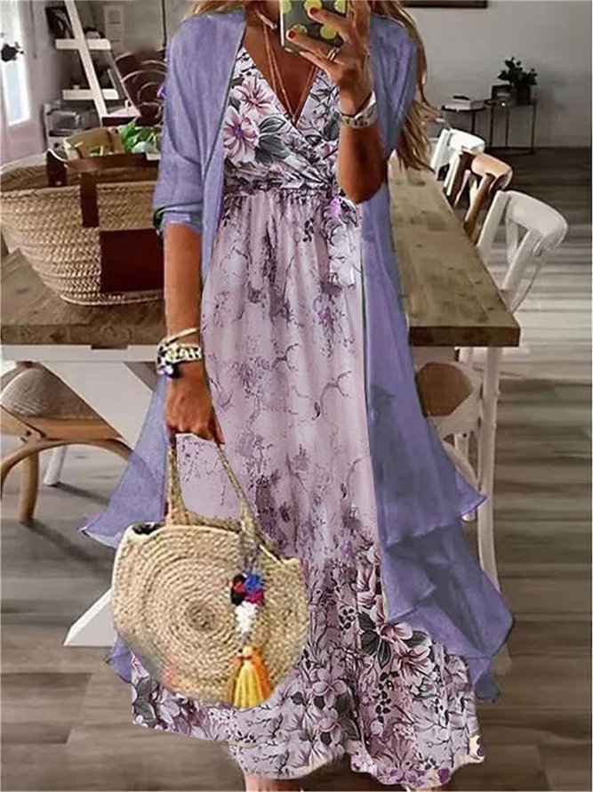 Elegant Floral Chiffon V Neck Two-Piece Set