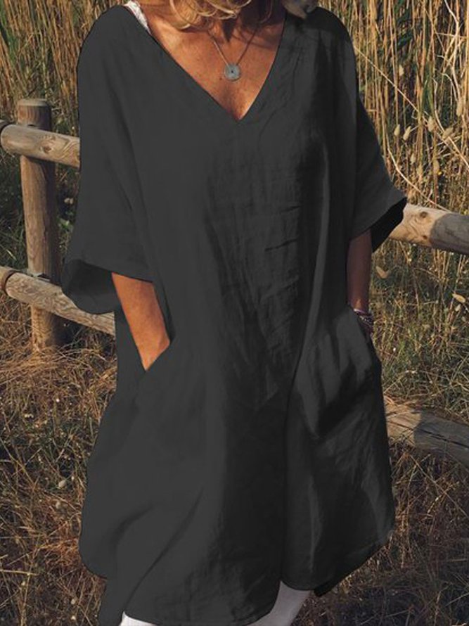 Plus Size Casual V Neck Half Sleeve Pockets Dresses
