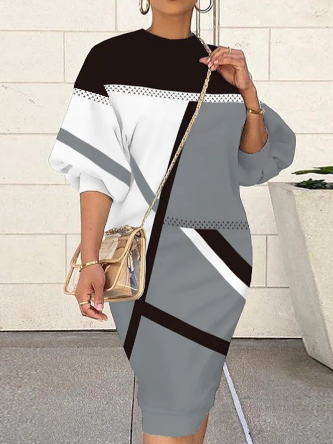 Casual Crew Neck Color Block Dress