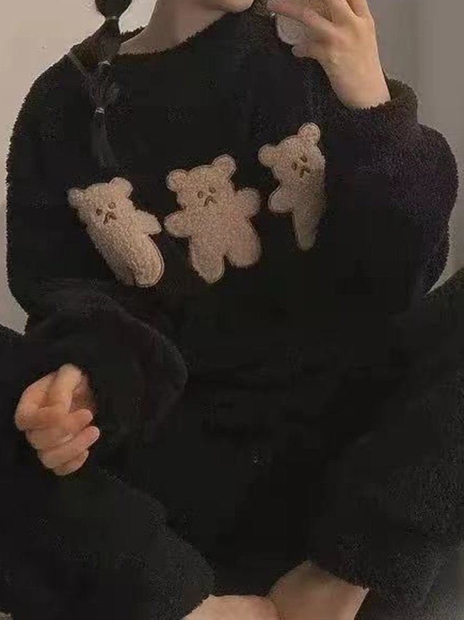 Flannel Cute Cartoon Bear Pajamas Long Sleeve Pants Loungewear Set Plus Size