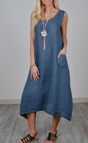 Women Summer Sleeveless Midi Weaving Dress Crew Neck A-Line Daily Cotton Plain Weaving Dress