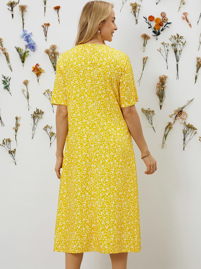 Ditsy Floral Printed Crew Neck Pockets Short Sleeve Casual Midi Shirt Dress