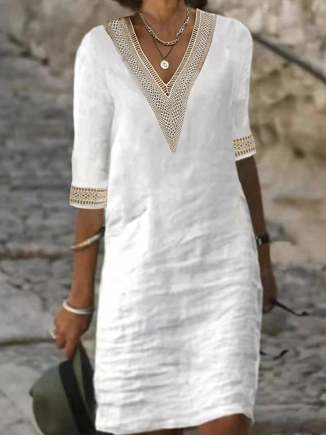 Plain Casual V Neck Cotton Dress