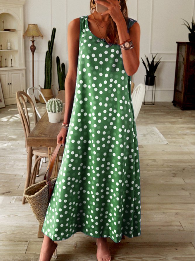 Round Neck Women Summer Weaving Dress Printed Polka Dots Midi Weaving Dress