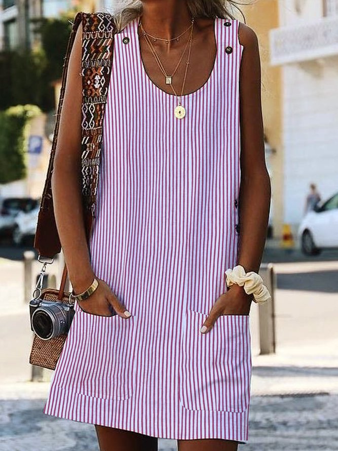 U Neck Pockets Striped Daily Sundress