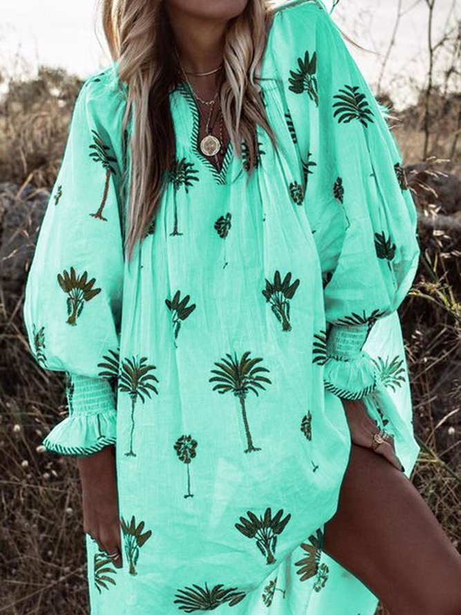 Women Casual Sundress Sexy V-neck Lantern Sleeve Floral Print Elegant Loose Bohemian Beach Dress