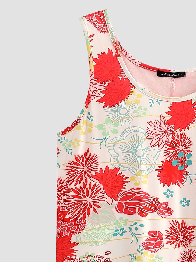 Tropical Floral Print Sleeveless Vacation Beach Mini Hawaiian Dress