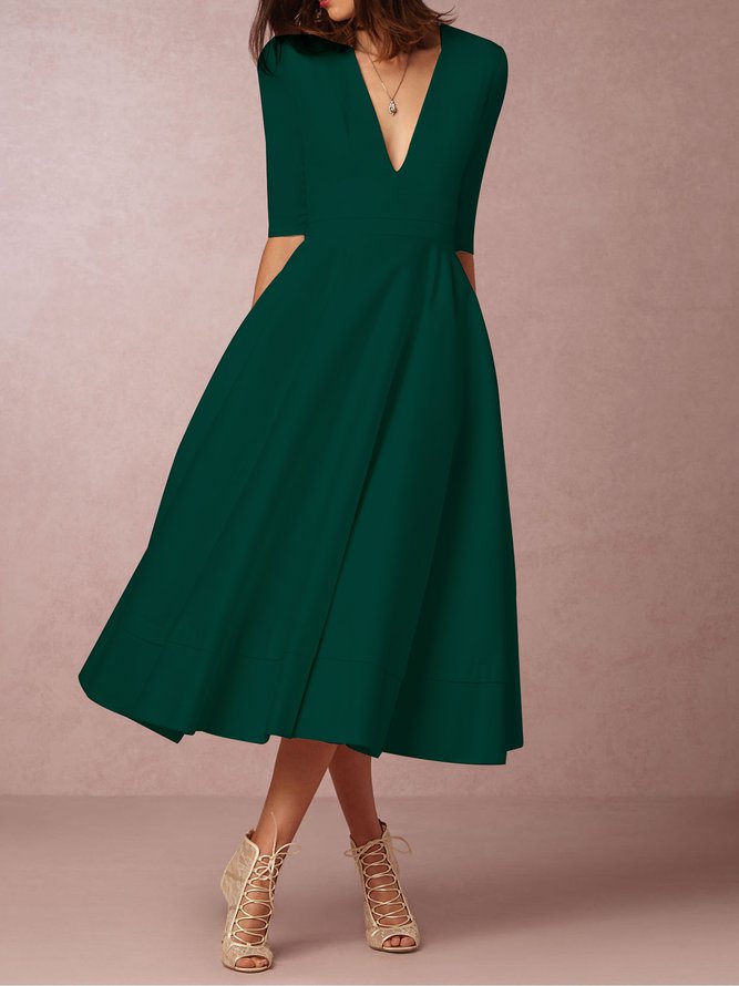 Women Deep V Neck 3/4 Sleeve Paneled Solid Elegant Swing Prom Dress