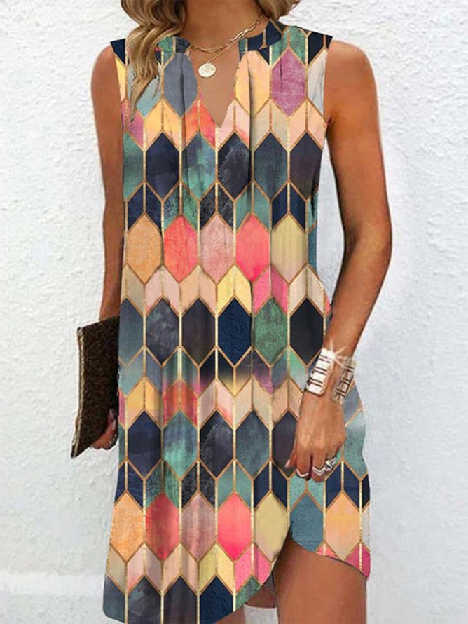 Casual Regular Fit V Neck Geometric Dress