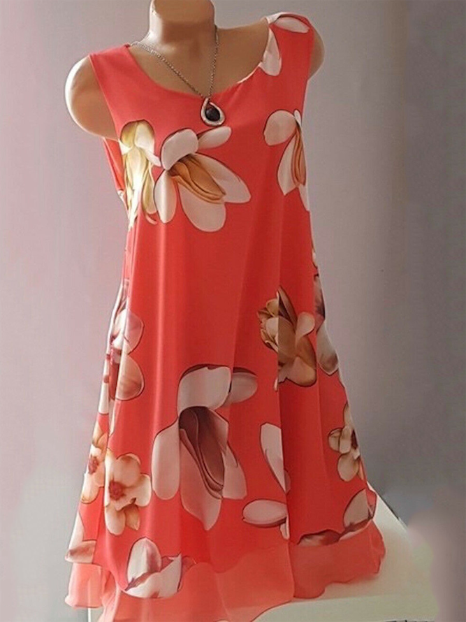 Floral-Print Crew Neck Cotton-Blend Sleeveless Weaving Dress