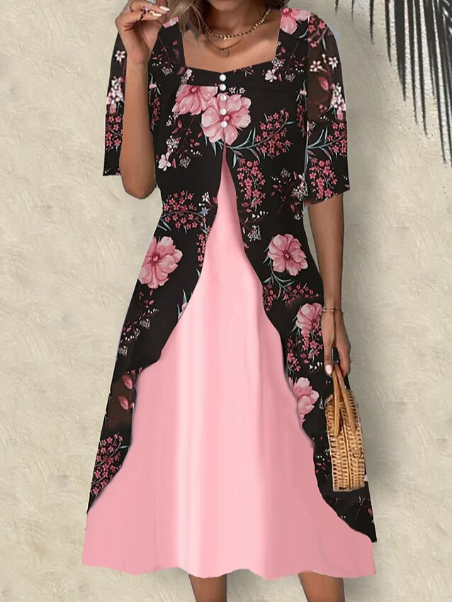 Square Neck Loose Casual Floral Dress With No Belt