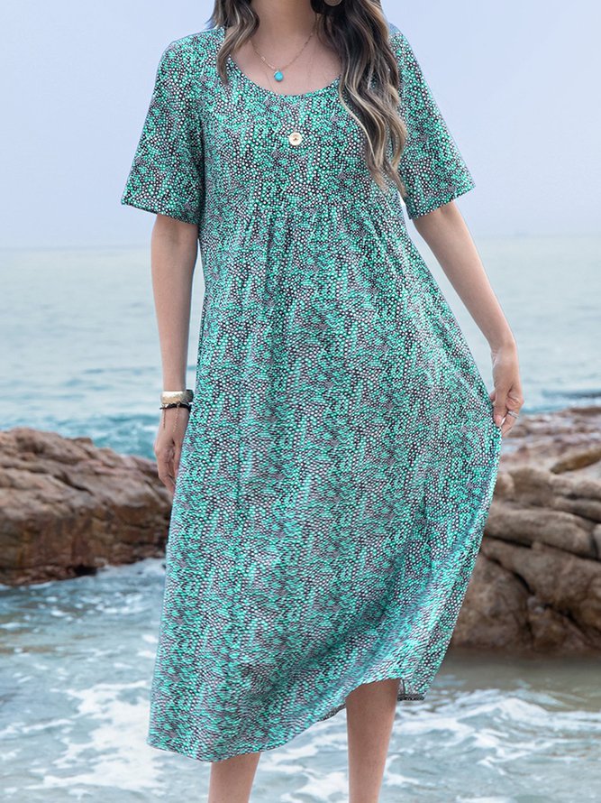 Women Fashion Summer Printed Midi Dress Crew Neck Dresses