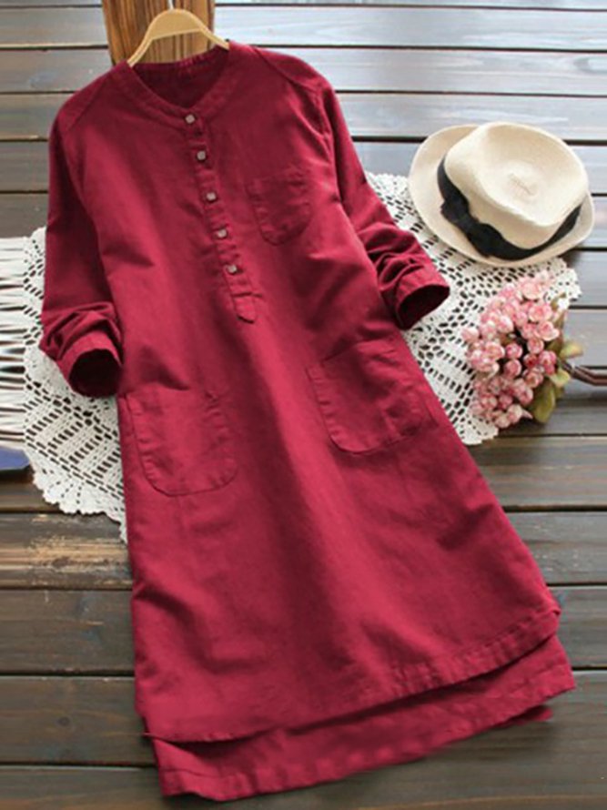 Shift Women Daytime Linen Long Sleeve Casual Buttoned Casual Dress