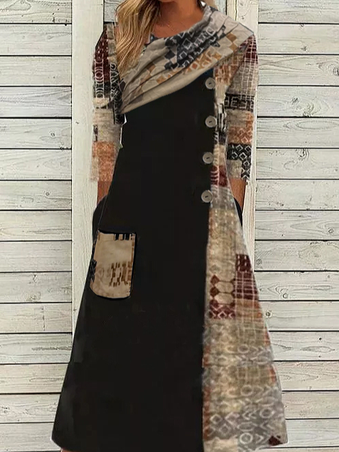 Cotton Blends Loosen Color Block Dress