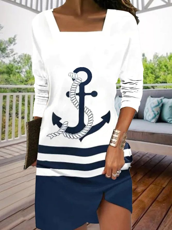 Casual Color Block Square Neck Sea Anchor Dress
