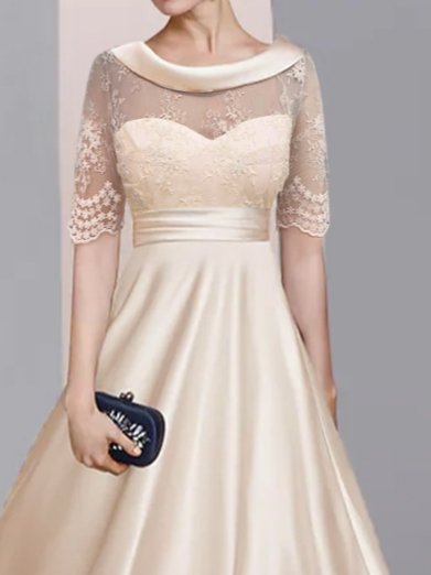 Mother of the groom/bride Boat Neck Satin Lace Elegant Dress