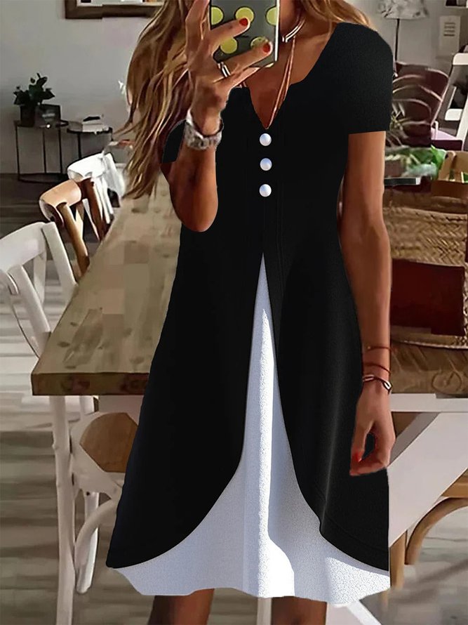 Casual Loose Color Block Mock Two-Piece Dress