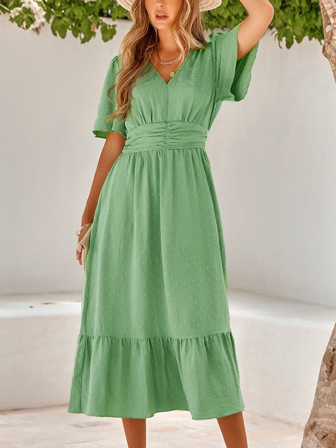 Light Green Swiss Dot Bell-Sleeve V-Neck Loose Vacation V Neck Dress
