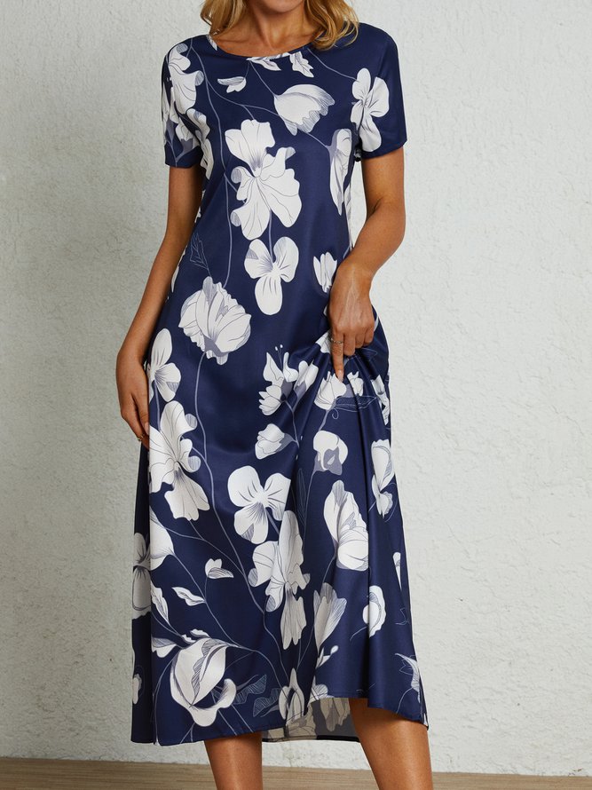 Cotton Blends Floral Loosen Short Sleeve Woven Dress
