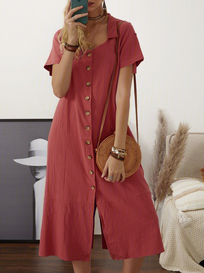 Linen Summer Buttoned Solid Maxi Shirt Dress